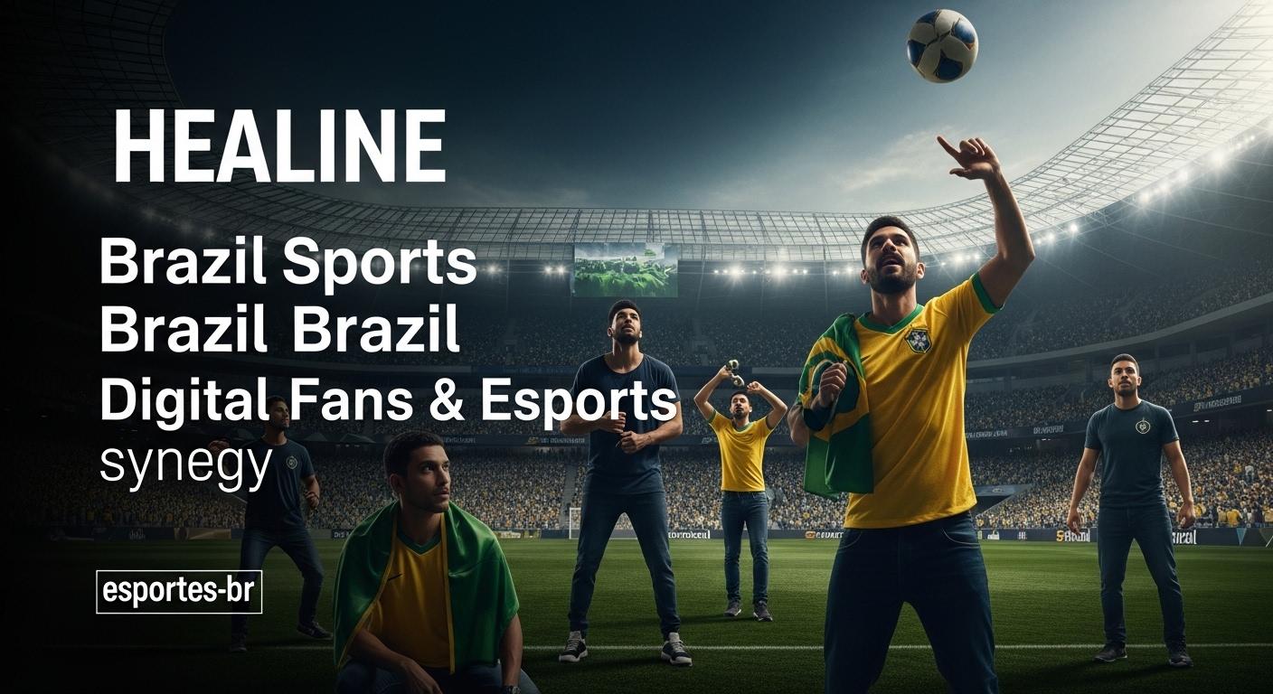 Brazilian stadium at sunset with digital displays and fans on mobile devices.