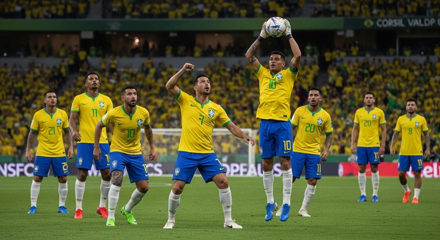 Brazil national football team training session ahead of World Cup with players practicing on the field under stadium lig