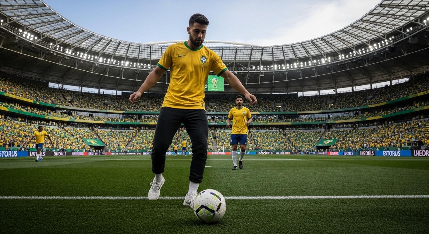 Brazilian players training ahead of the World Cup, with coaching staff and tactical boards visible.
