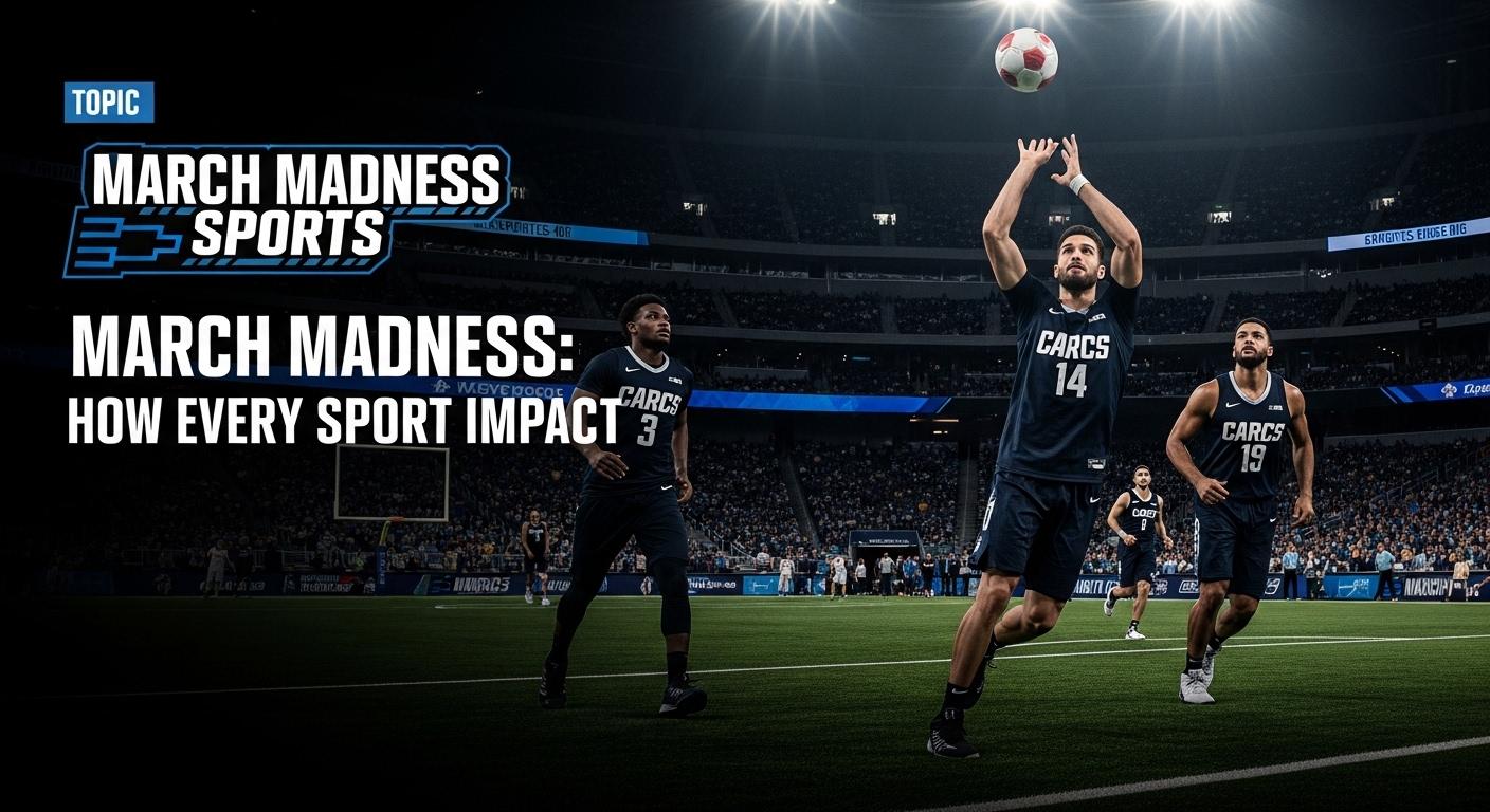 Brazilian fans watching March Madness on screens with bracket overlay.