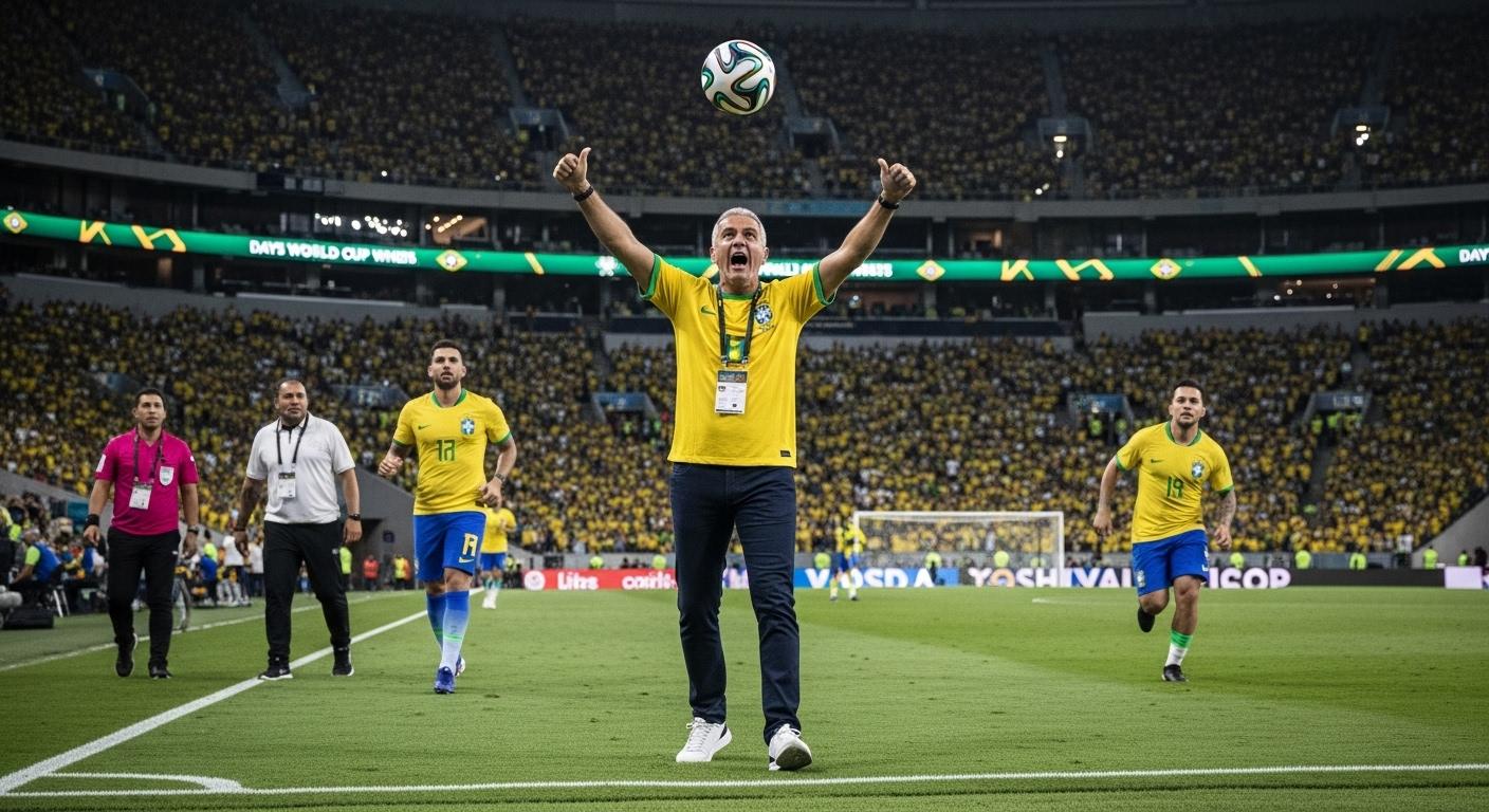 Brazil football players silhouettes with world cup trophy and data graphs in a newsroom setting