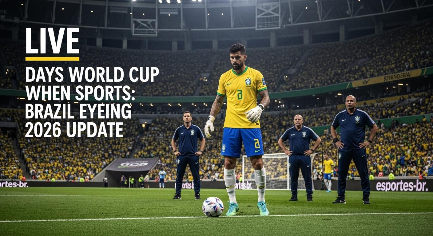 Countdown clock over World Cup 2026 North America map with Brazil flag colors