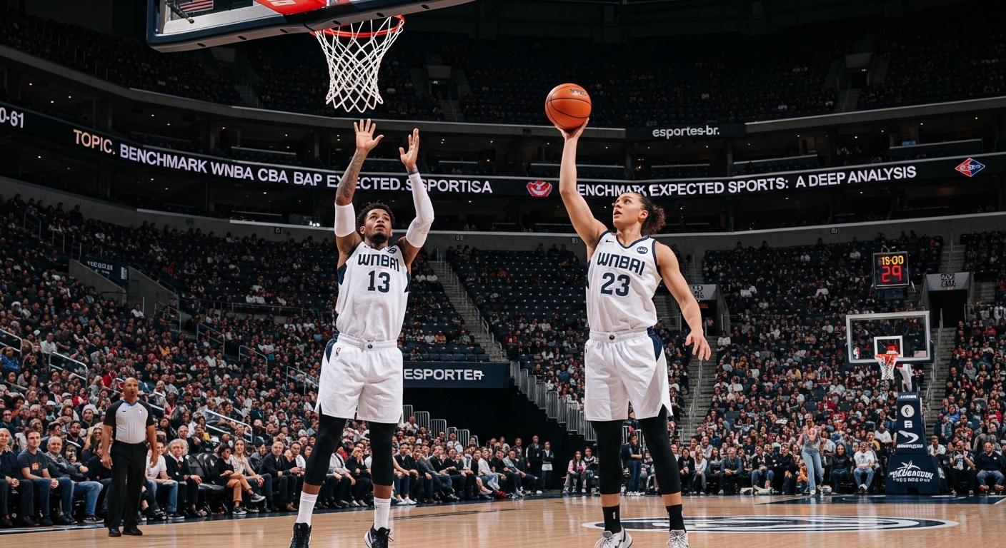 Editorial scene analyzing WNBA CBA benchmark pay with Brazil-focused context