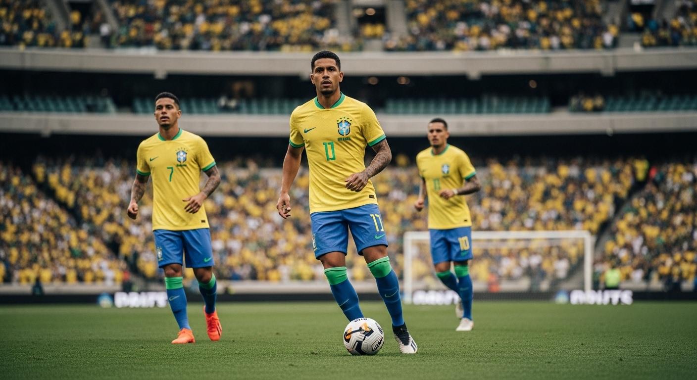 Brazilian football shirts collection in stadium setting.