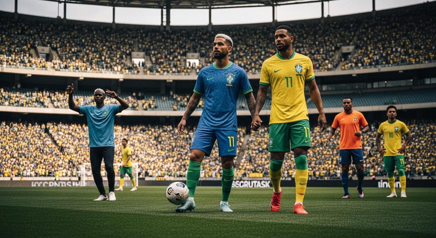 Brazilian football shirts collection in stadium setting.