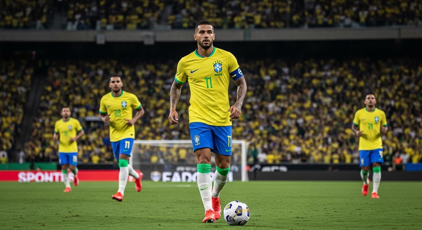 Editorial shot of a Brazilian football shirt with Icon Sports branding in a stadium setting.