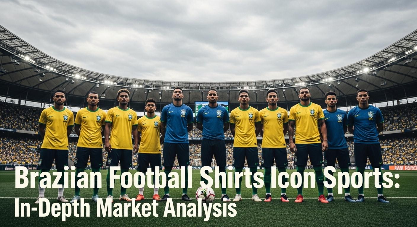 Editorial shot of a Brazilian football shirt with Icon Sports branding in a stadium setting.