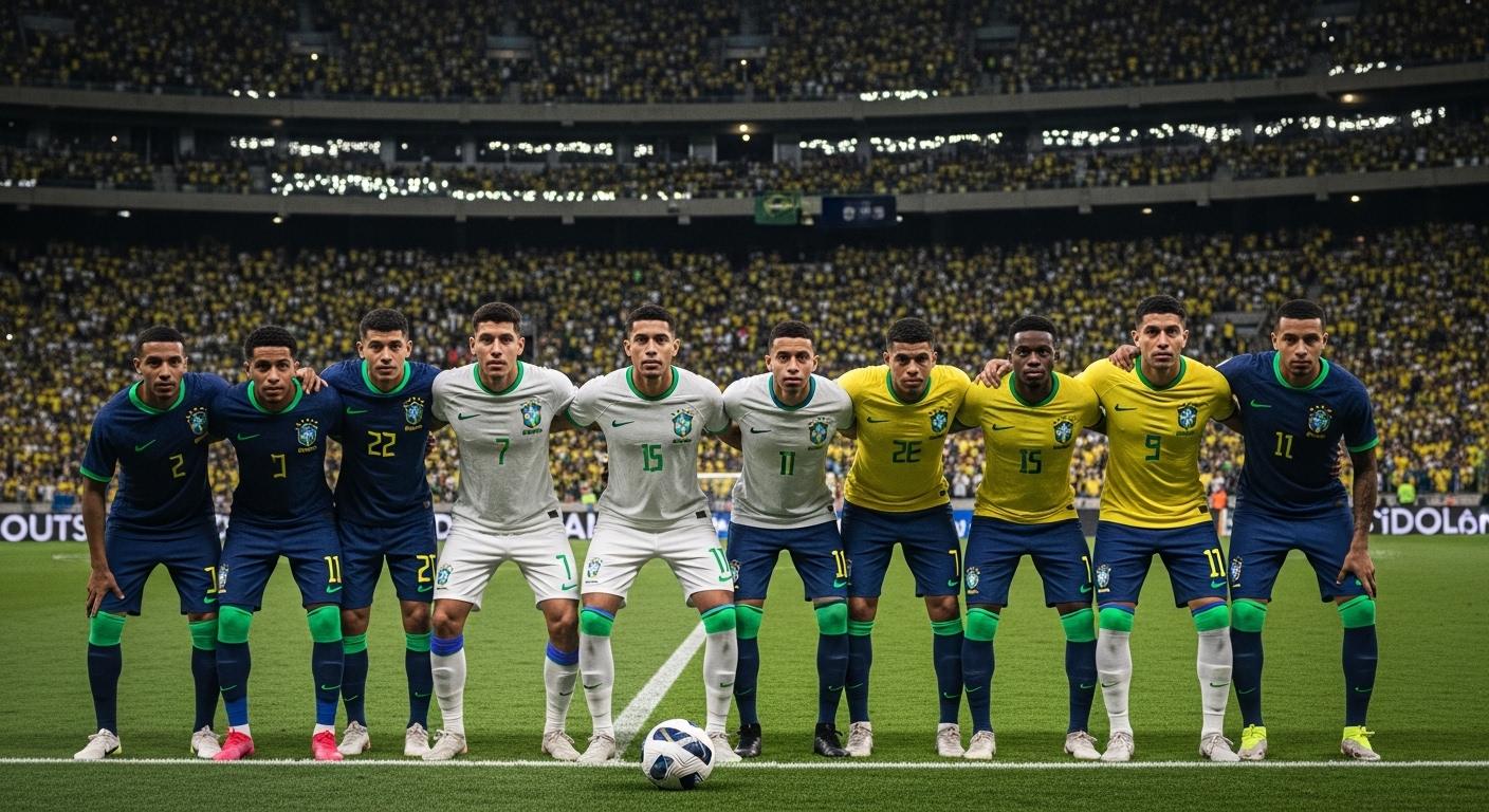 Brazilian football shirts on display with green-yellow designs and Icon Sports branding.