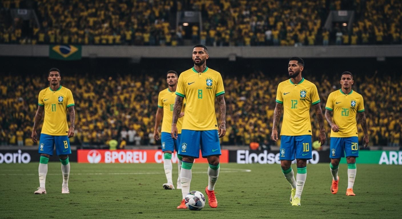 Editorial shot of a Brazil football shirt with Icon Sports branding against a stadium background